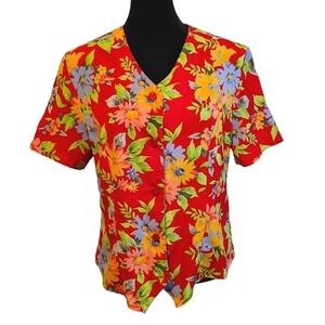 Vintage 90s Red Floral Silky Button Down Blouse